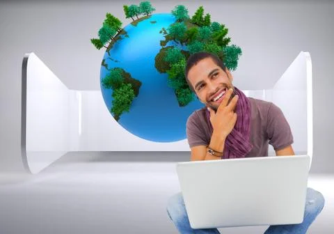 Composite image of thinking man sitting on floor using laptop and smiling Stock Illustration