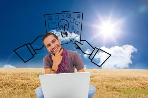 Composite image of thinking man sitting on floor using laptop and smiling Stock Illustration