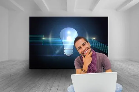 Composite image of thinking man sitting on floor using laptop and smiling Stock Illustration