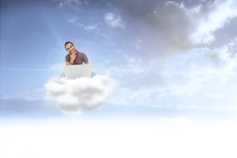 Composite image of thinking man sitting on floor using laptop and smiling Stock Illustration