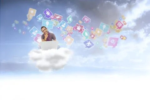 Composite image of thinking man sitting on floor using laptop and smiling Stock Illustration