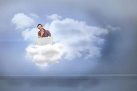 Composite image of thinking man sitting on cloud  using laptop and smiling Stock Illustration