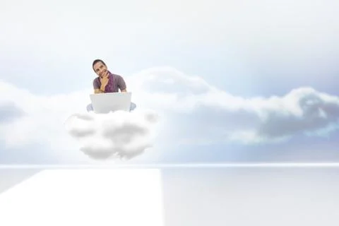 Composite image of thinking man sitting on cloud  using laptop and smiling 스톡 일러스트