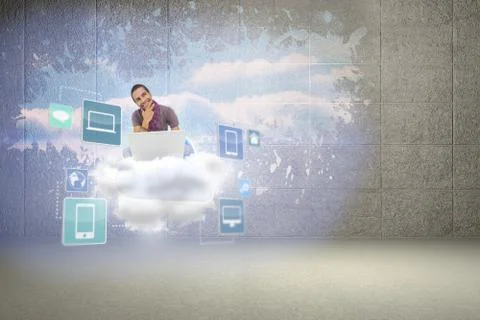 Composite image of thinking man sitting on floor using laptop and smiling 스톡 일러스트