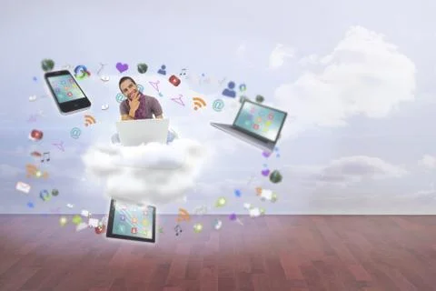 Composite image of thinking man sitting using laptop and smiling Illustrazione stock