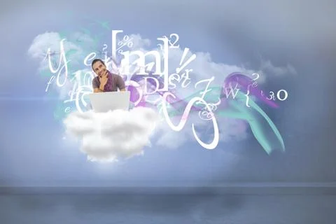 Composite image of thinking man sitting on floor using laptop and smiling Illustrazione stock