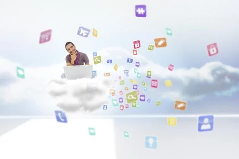 Composite image of thinking man sitting on floor using laptop and smiling Stock Illustration