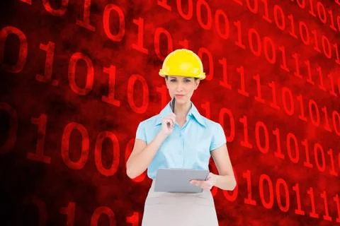 Composite image of thoughtful attractive architect holding clipboard Illustrazione stock