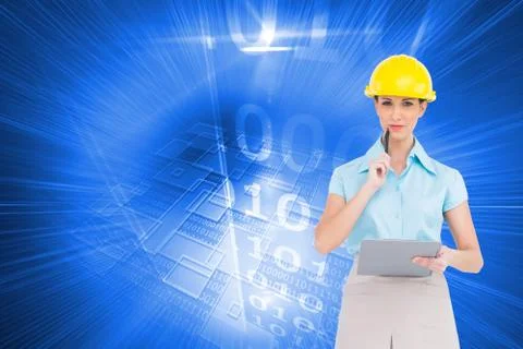 Composite image of thoughtful attractive architect holding clipboard Illustrazione stock