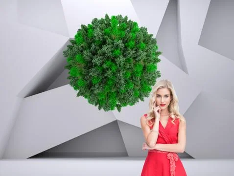 Composite image of thoughtful blonde wearing red dress Stock Illustration