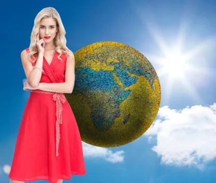Composite image of thoughtful blonde wearing red dress Stock Illustration