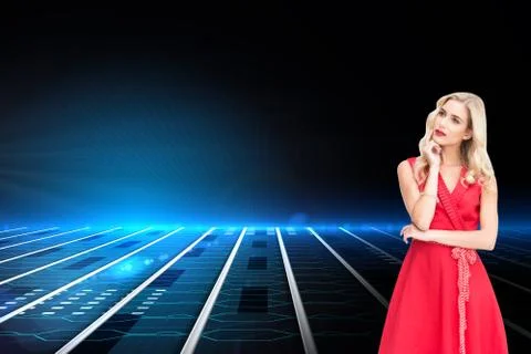 Composite image of thoughtful blonde wearing red dress Stock Illustration