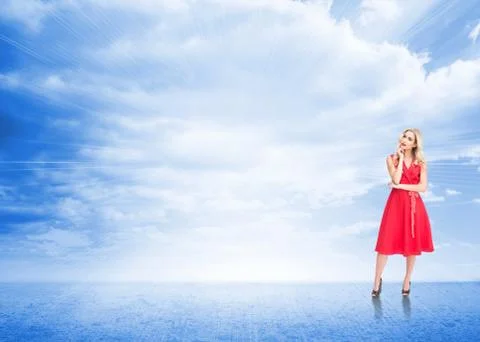 Composite image of thoughtful blonde wearing red dress Stock Illustration