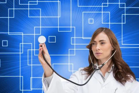 Composite image of thoughtful doctor using stethoscope Illustrazione stock