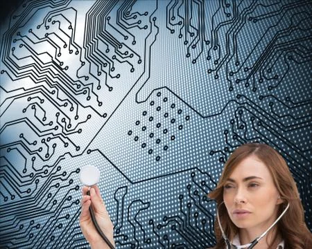 Composite image of thoughtful doctor using stethoscope Stock Illustration