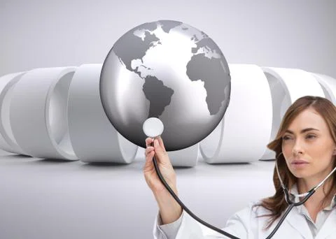 Composite image of thoughtful doctor using stethoscope 스톡 일러스트
