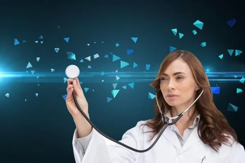 Composite image of thoughtful doctor using stethoscope Illustrazione stock