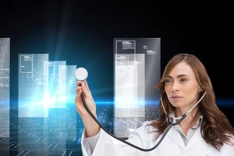 Composite image of thoughtful doctor using stethoscope Stock Illustration