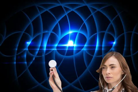 Composite image of thoughtful doctor using stethoscope イラスト素材