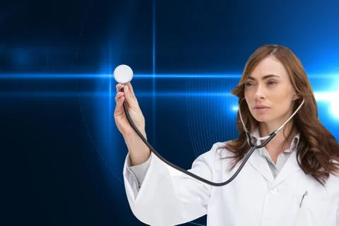 Composite image of thoughtful doctor using stethoscope Stock Illustration