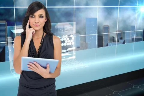 Composite image of thoughtful elegant brown haired model holding tablet Stock Illustration