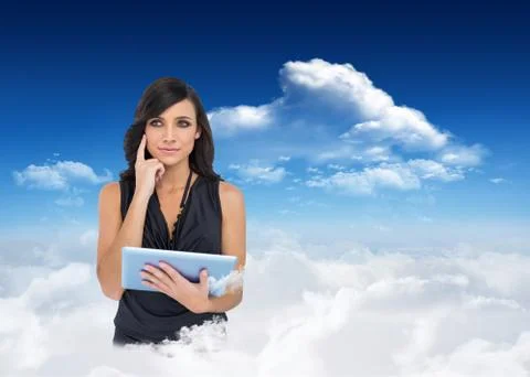 Composite image of thoughtful elegant brown haired model holding tablet Stock Illustration