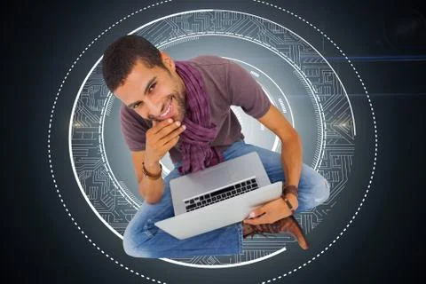 Composite image of thoughtful man sitting on floor using laptop and smiling at Stock Illustration