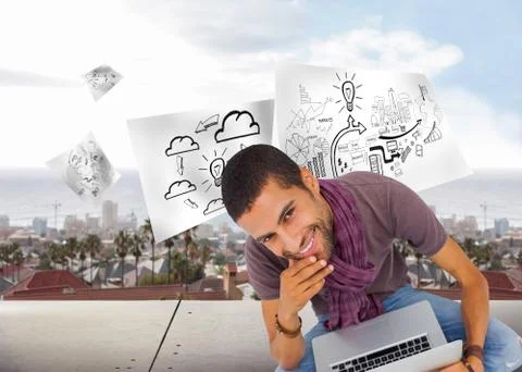 Composite image of thoughtful man sitting on floor using laptop and smiling at Stock Illustration