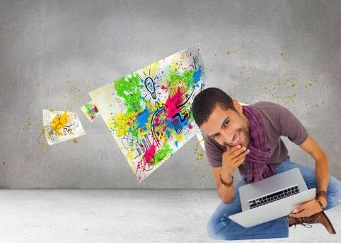Composite image of thoughtful man sitting on floor using laptop and smiling at Stockillustratie