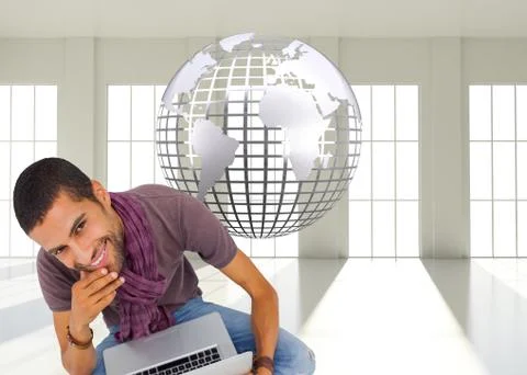 Composite image of thoughtful man sitting on floor using laptop and smiling at Stock Illustration
