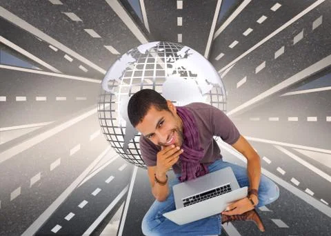 Composite image of thoughtful man sitting on floor using laptop and smiling at Stock Illustration