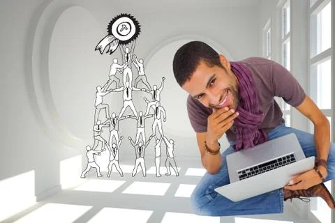 Composite image of thoughtful man sitting on floor using laptop and smiling at 스톡 일러스트