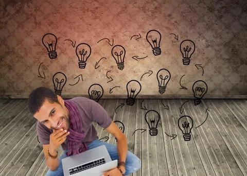 Composite image of thoughtful man sitting on floor using laptop and smiling at Stock Illustration