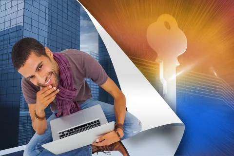 Composite image of thoughtful man sitting on floor using laptop and smiling at Illustrazione stock