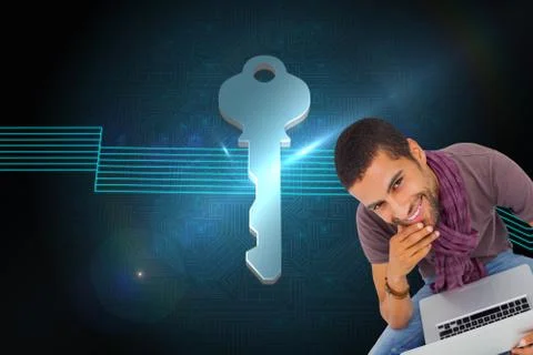 Composite image of thoughtful man sitting on floor using laptop and smiling at Illustrazione stock