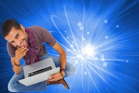 Composite image of thoughtful man sitting on floor using laptop and smiling at 스톡 일러스트