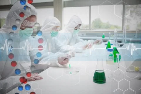 Composite image of three chemists working in protective suits Stock Illustration