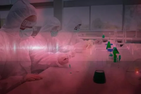 Composite image of three chemists working in protective suits Stock Illustration