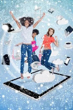 Composite image of three cute women jumping on a tablet pc Stock Illustration