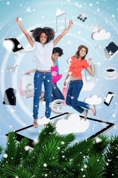 Composite image of three cute women jumping on a tablet pc Stock Illustration