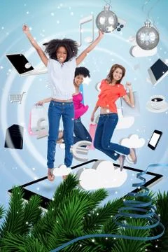 Composite image of three cute women jumping on a tablet pc Stock Illustration