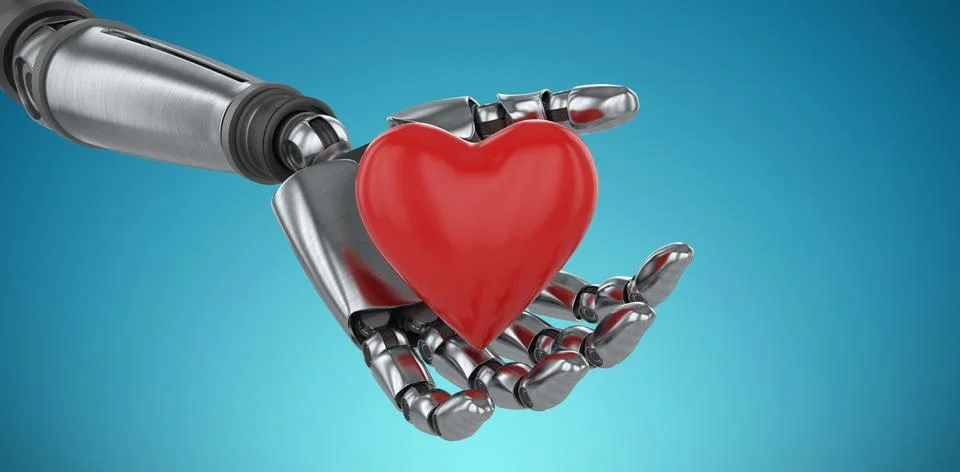 Composite image of three dimensional image of cyborg holding red heard shape Stock Illustration