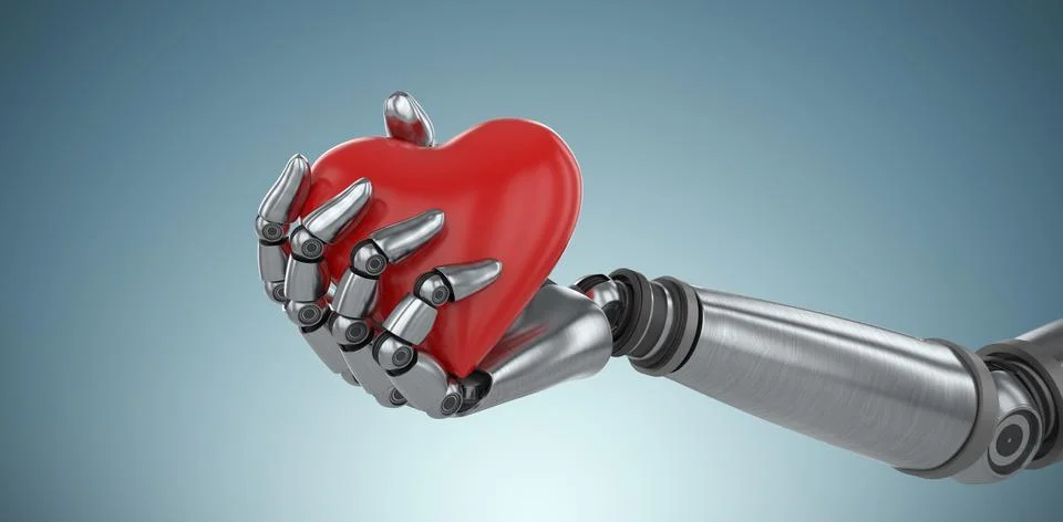 Composite image of three dimensional image of cyborg holding heard shape 3d Illustrazione stock