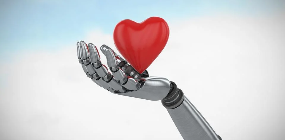 Composite image of three dimensional image of robot showing red heard shape Stock Illustration