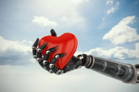 Composite image of three dimensional image of cyborg holding red heart shape Stock Illustration