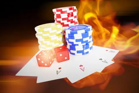 Composite image of tilt image of casino tokens with dice and playing cards Stock Illustration