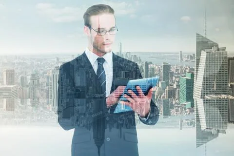 Composite image of unsmiling businessman using tablet pc 스톡 일러스트