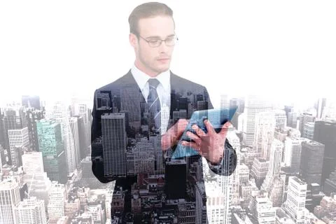 Composite image of unsmiling businessman using tablet pc Stock Illustration