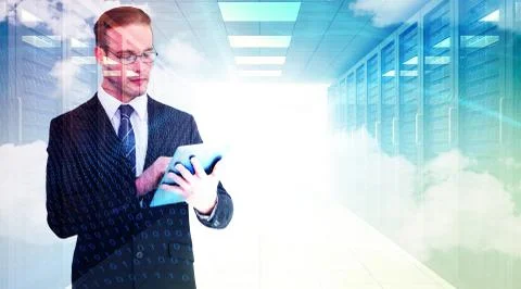 Composite image of unsmiling businessman using tablet pc Stock Illustration