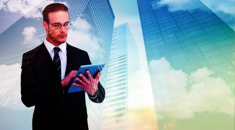 Composite image of unsmiling businessman using tablet pc Stock Illustration